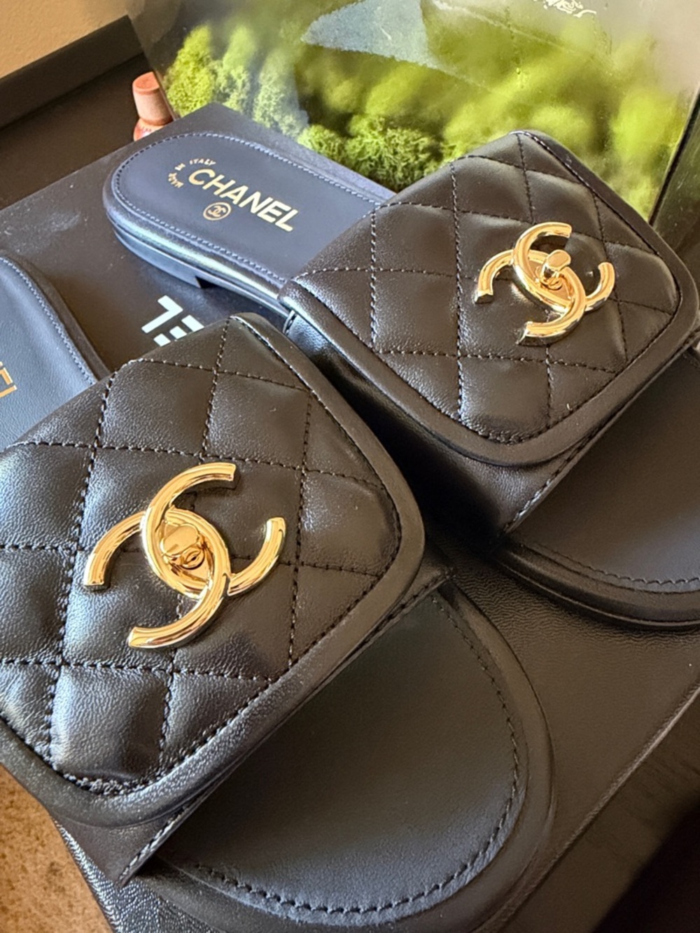 CHANEL Black Turn Lock Quilted Leather Slides - Picture 2 of 8